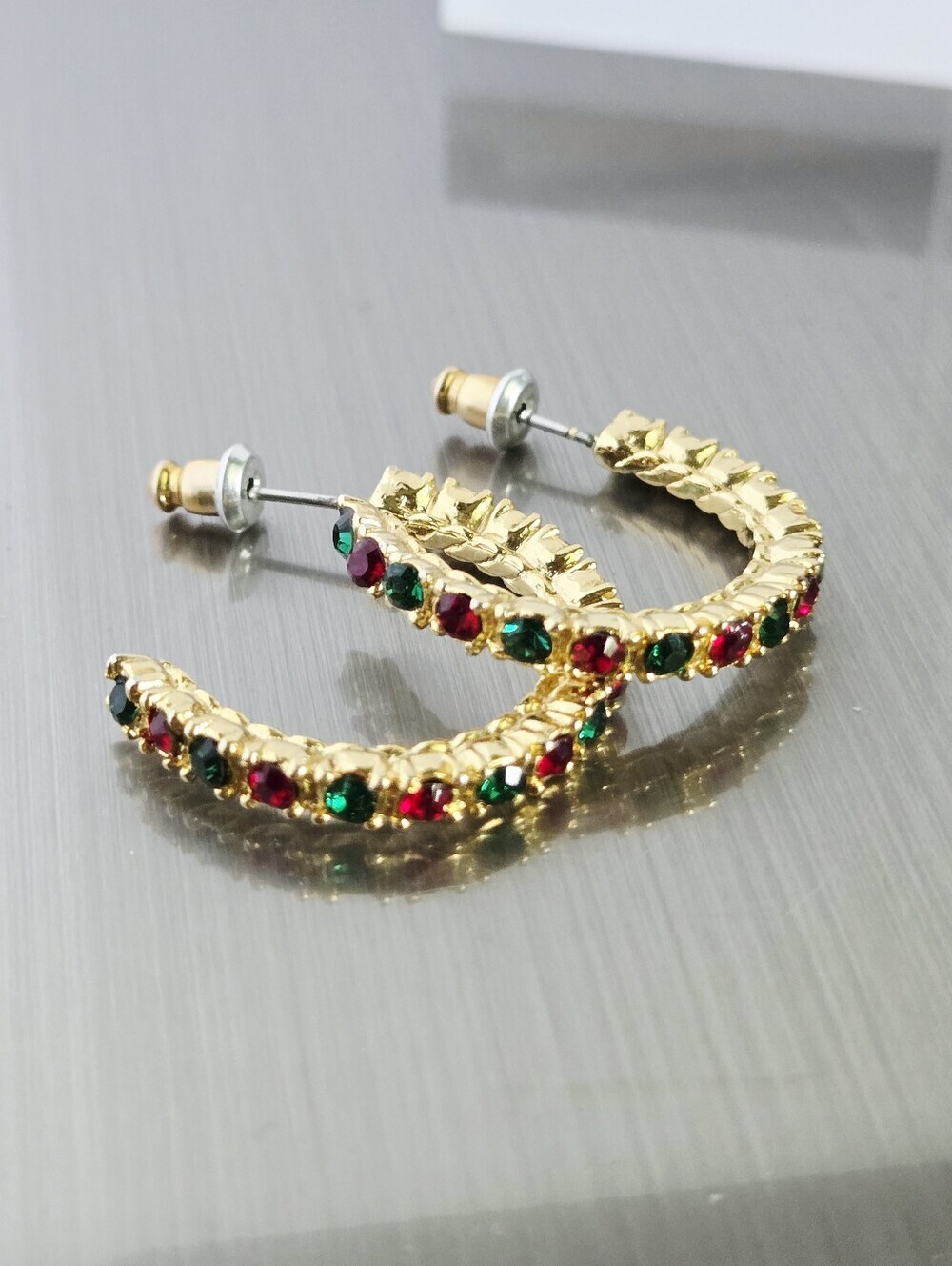 Vintage Gold Tone Hoop Earrings with Red and Green Stones - Picture 9 of 16
